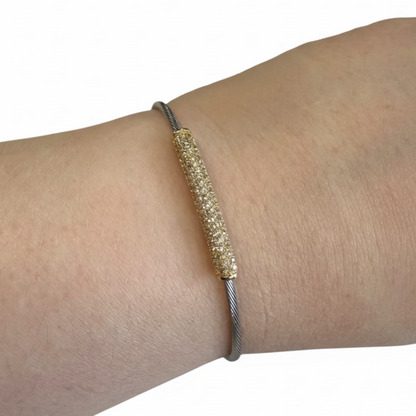 Magnetic Dipped Metal Bracelet with textured gold bar, slim wire band, magnetic closure; available in S, M, L.