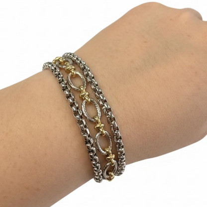 Magnetic Dipped Metal Bracelets: two silver, one gold with knots, magnetic clasp. Available in S/M and M/L sizes.