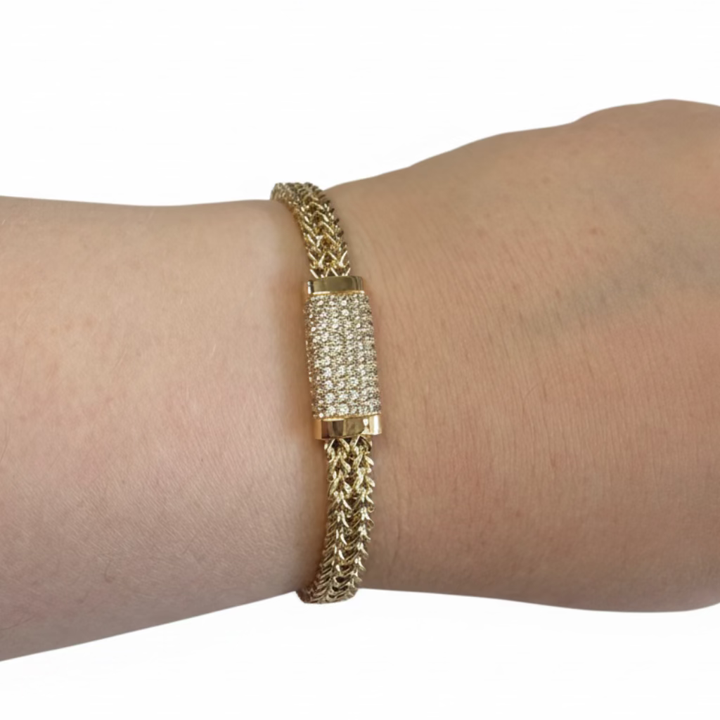 Magnetic Dipped Metal Bracelet with woven gold chain, rectangular CZ-accented centerpiece; sizes: S, M, L.