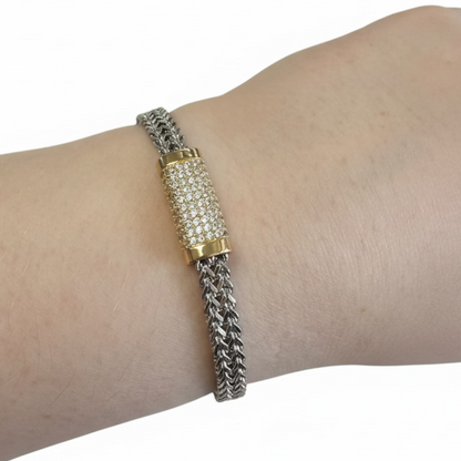 Magnetic Dipped Metal Bracelet with silver braided band, gold CZ clasp. Available in S, M, L sizes.
