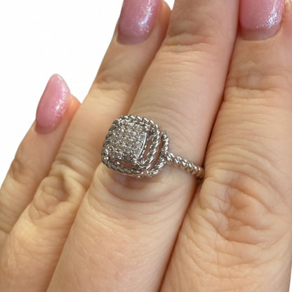 The Ring Edit: silver statement ring with square diamond cluster and twisted band. Available in sizes 5-9.