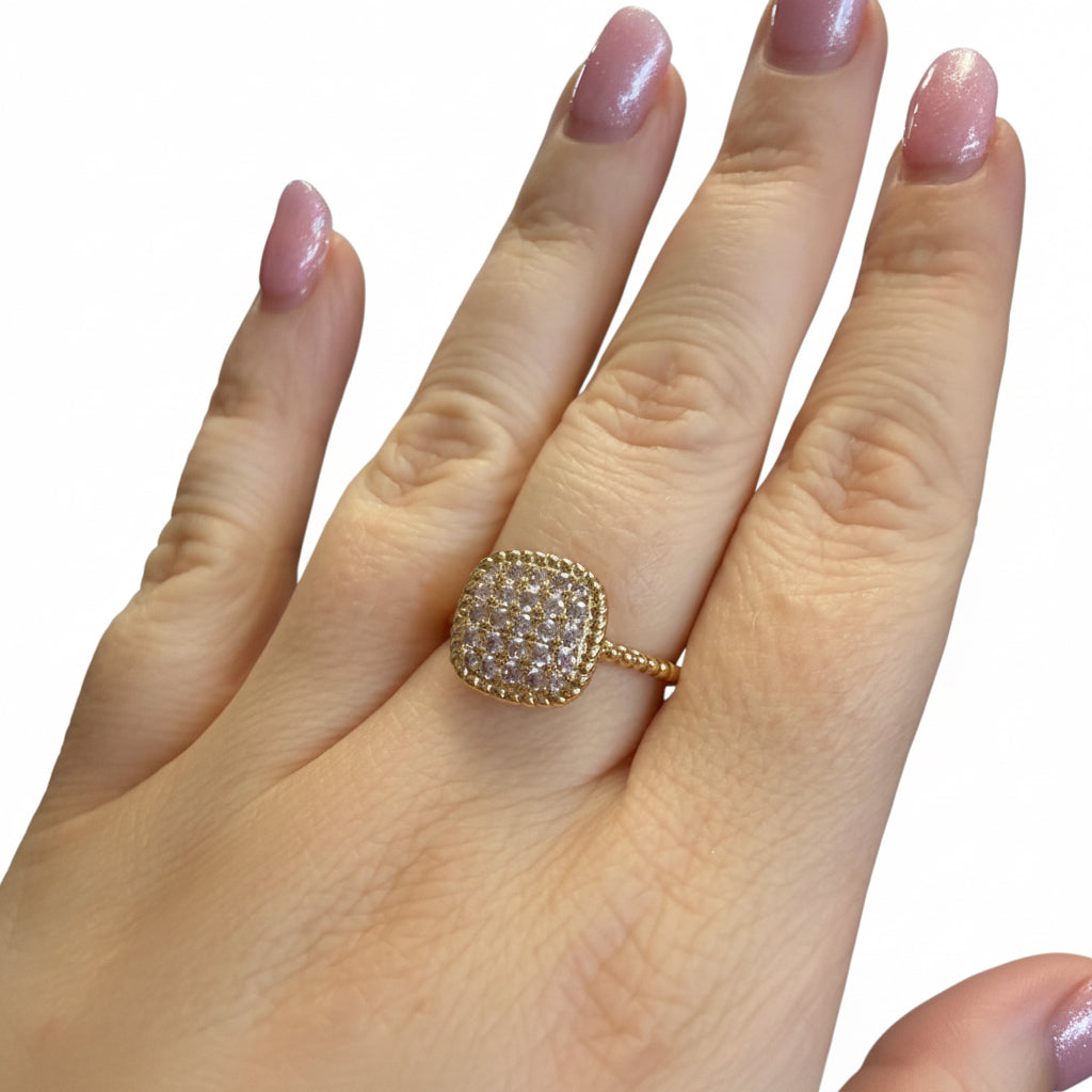 The Ring Edit: gold ring with square, stone-encrusted setting. Available in sizes 5-8. Simple, ideal for daily wear or stacking.