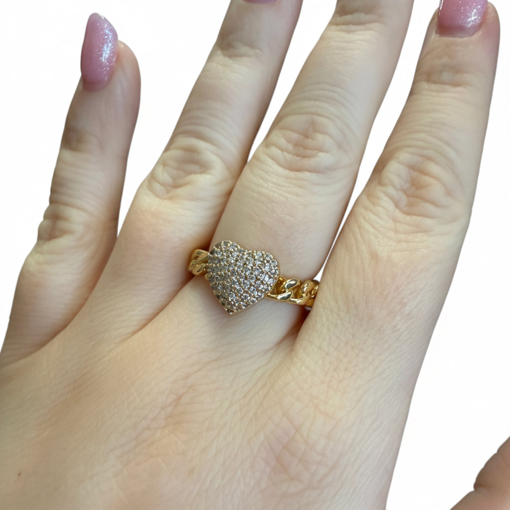 The Ring Edit: gold heart-shaped ring with sparkling stones. Available in sizes 5-9.