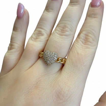 The Ring Edit: gold heart-shaped ring with sparkling stones. Available in sizes 5-9.