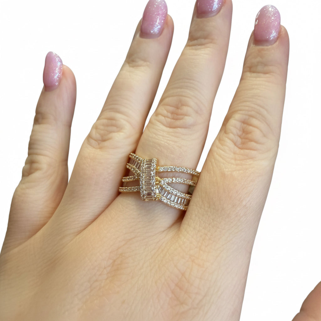 The Ring Edit: gold statement ring with rows of small sparkling diamonds. Available in sizes 5-9.