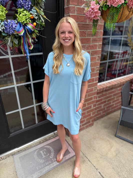 Relaxed Fit Crewneck T-Shirt Dress in light blue, available in sizes XS-XL.