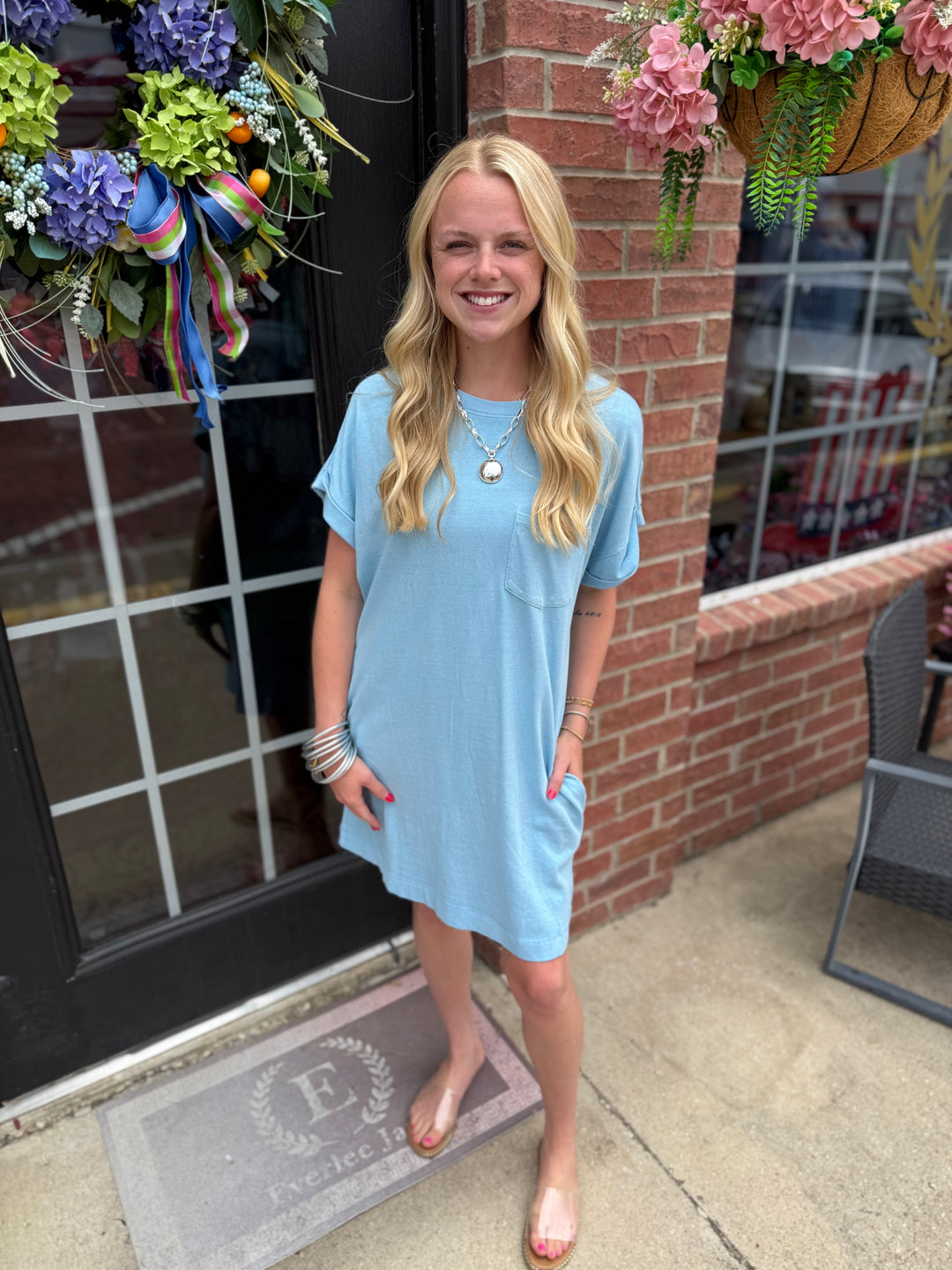 Relaxed Fit Crewneck T-Shirt Dress in light blue, available in sizes XS-XXL.