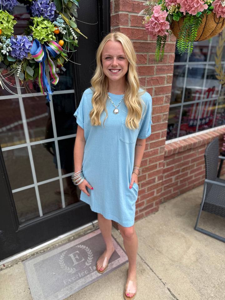 Relaxed Fit Crewneck T-Shirt Dress in light blue, available in sizes XS-XXL.