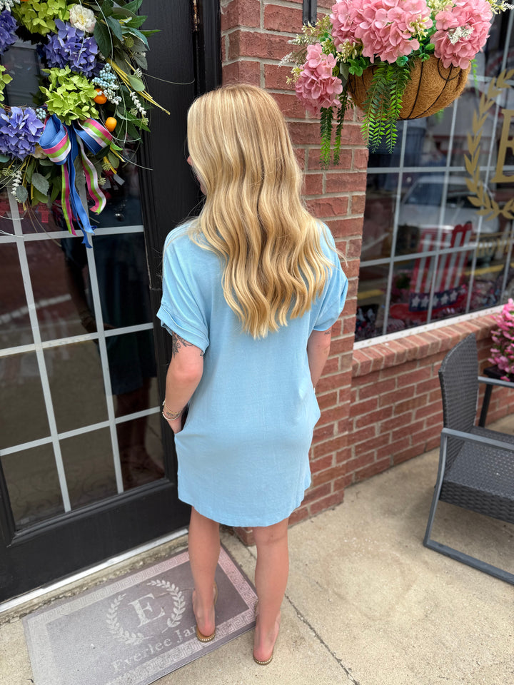 Relaxed Fit Crewneck T-Shirt Dress in light blue, available in sizes XS–XL.