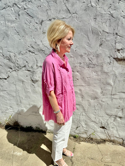 Pink Linen Button Down Top with fray details. Available in sizes XS-XL.