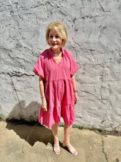 Peony Scallop Hem Tiered Babydoll Dress in bright pink, available in sizes XS-XL.