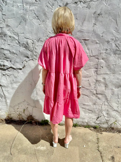 Peony Scallop Hem Tiered Babydoll Dress in bright pink; available in XS-XL.
