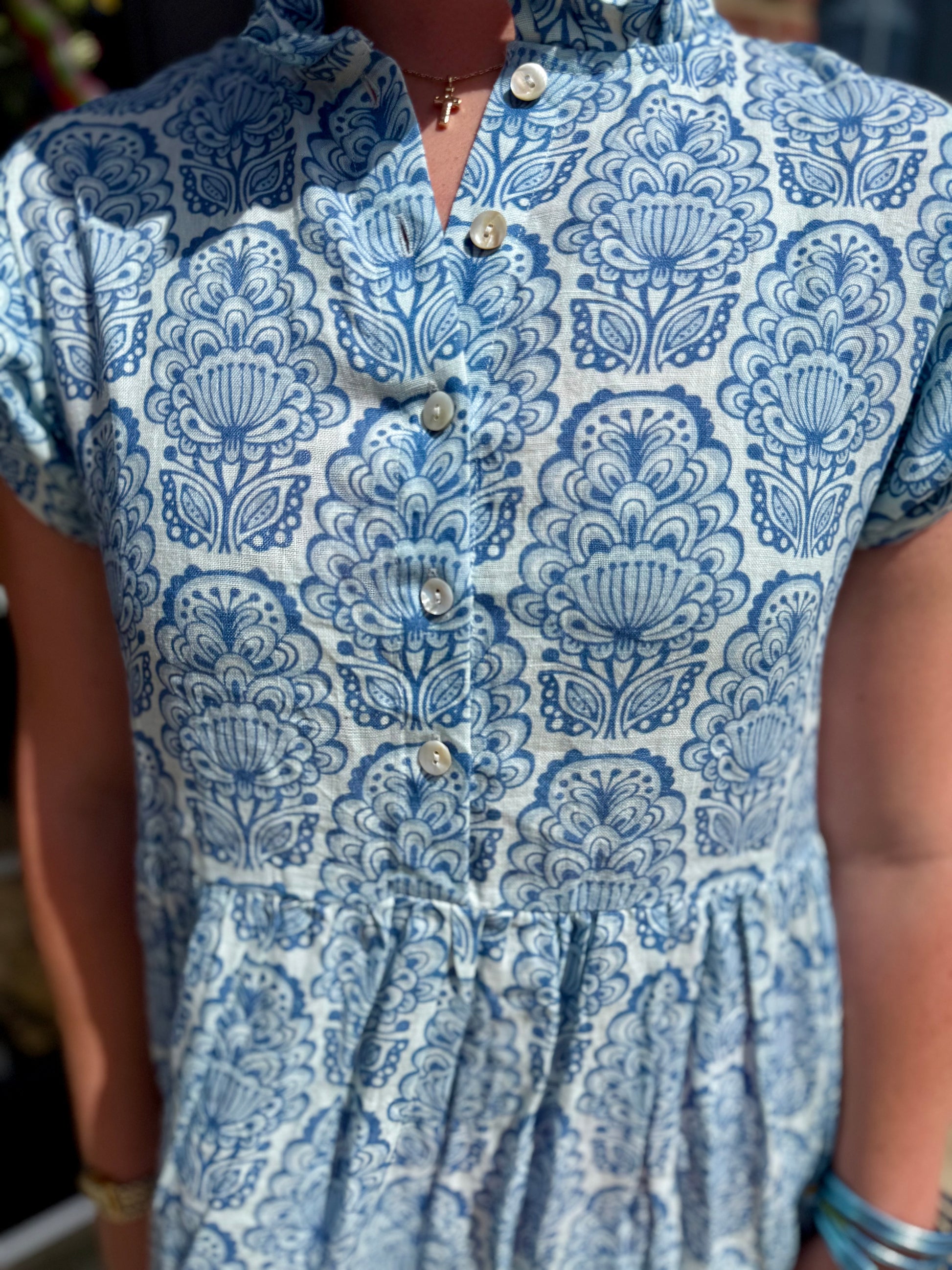Linen Blues Dress: blue and white linen, floral and leaf pattern, front buttons. Sizes XS-XL.