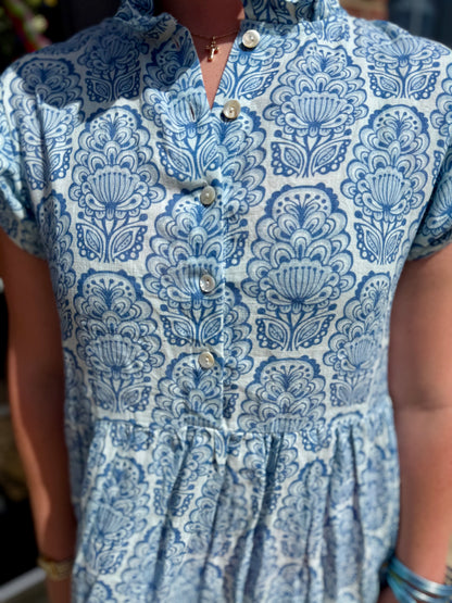 Linen Blues Dress: blue and white linen, floral and leaf pattern, front buttons. Sizes XS-XL.