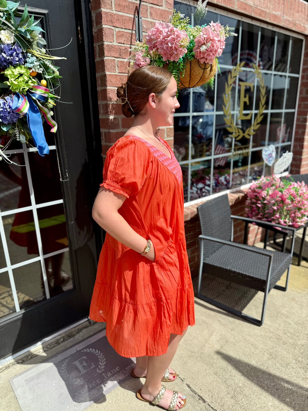 Daisy Filled Yoke Dress with floral pattern, yoke detailing; available in sizes XS–XL.