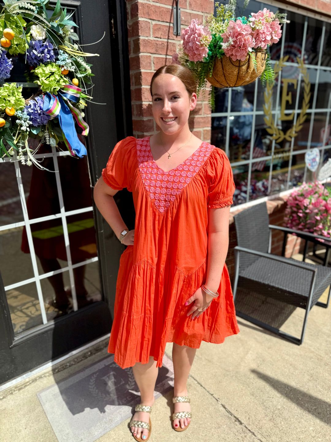 Daisy Filled Yoke Dress with floral print and gathered neckline. Available in sizes XS-XL.