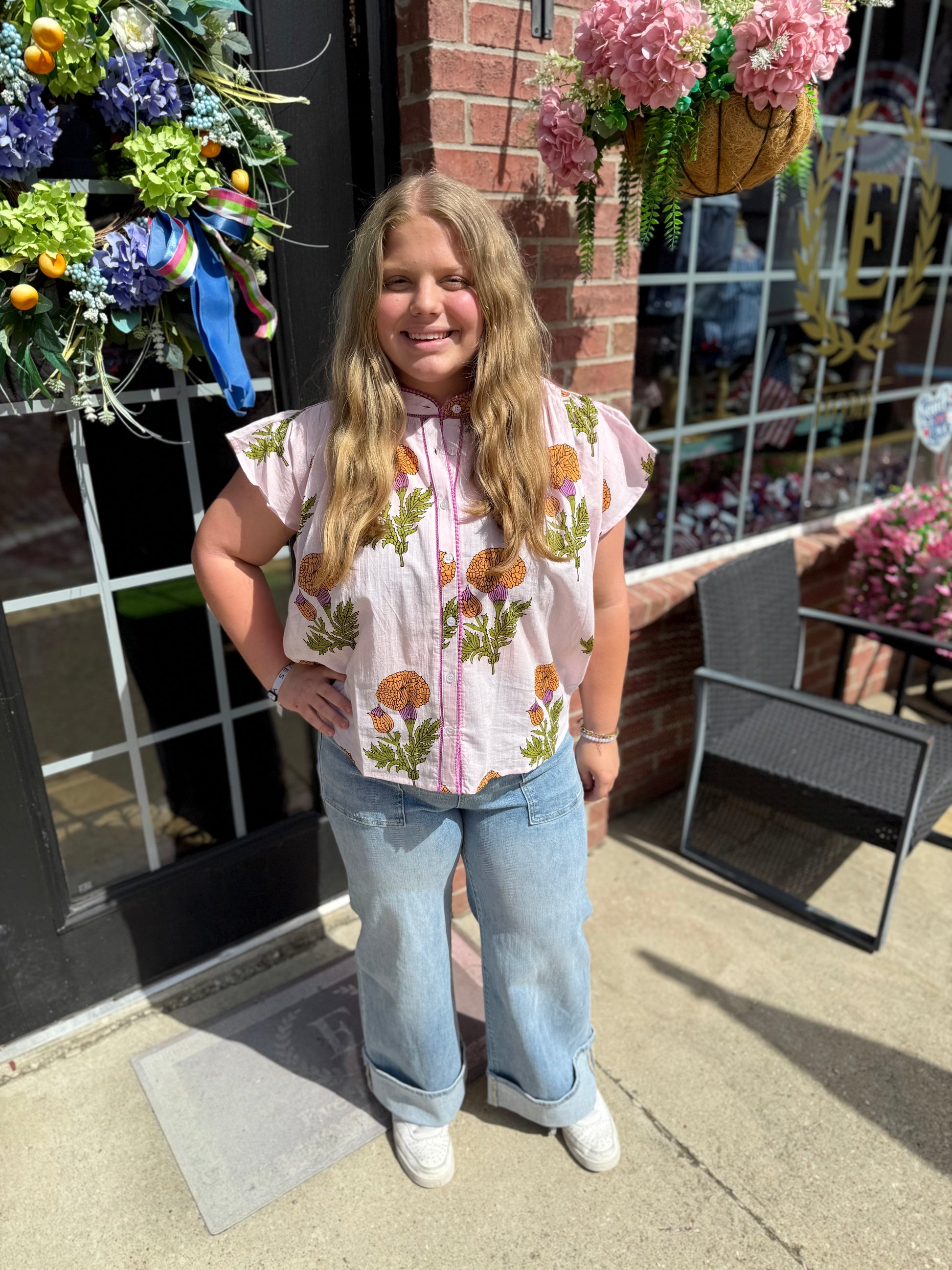 Fem De La Fleur Top with pink floral prints. Available in sizes XS-XL.