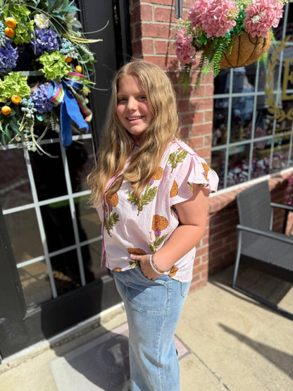 Fem De La Fleur Top: cotton button-up blouse with pineapple pattern. Available in sizes XS-XL.
