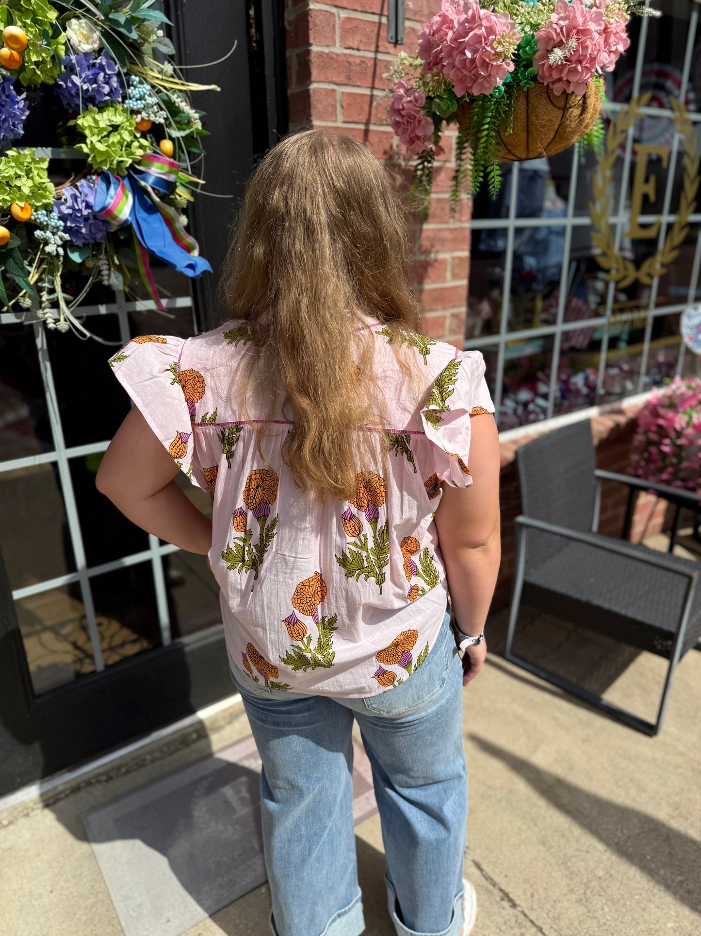 Fem De La Fleur Top, floral print, lightweight fabric. Available in sizes XS-XL.