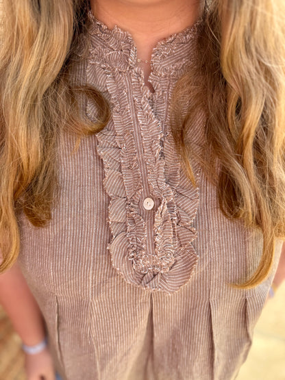 Striped Ruffle Top in textured light brown cotton-linen, ruffled collar, button-down front. Available in XS–XL.
