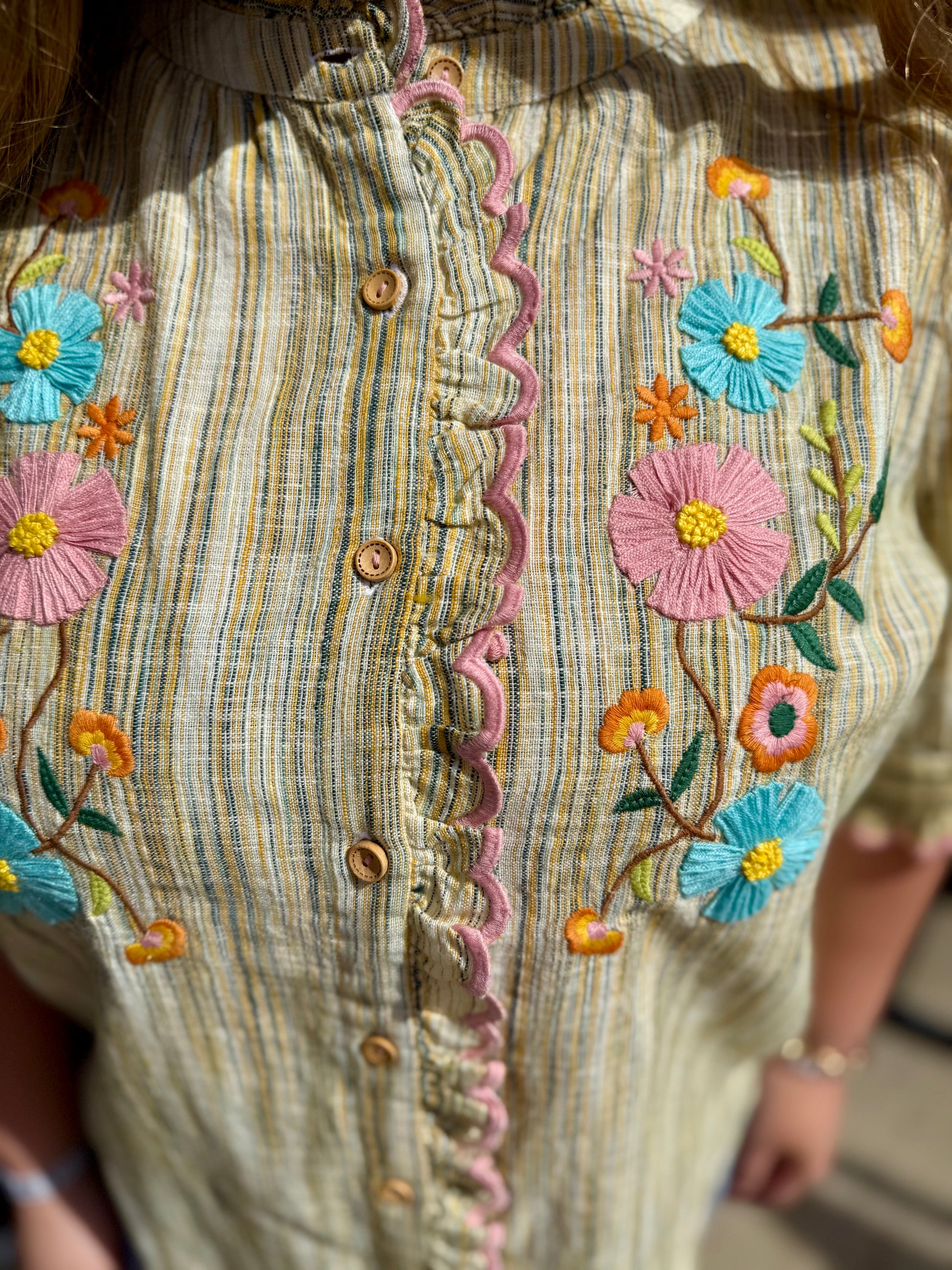 Close-up of Ribbon Embroidered Blouse in cotton with wooden buttons, pink ruffle trim, floral embroidery. Sizes: XS-XL.