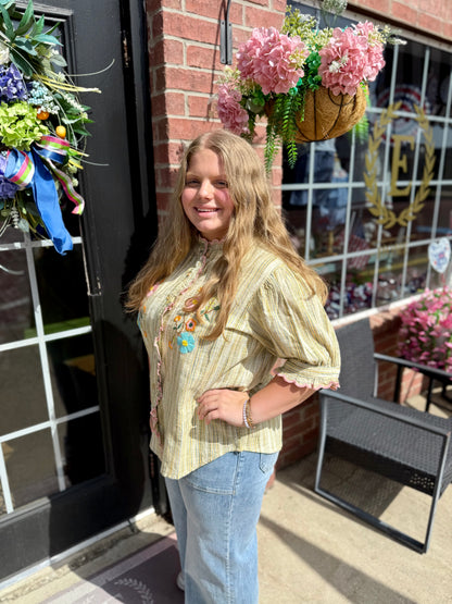 Ribbon Embroidered Blouse, breathable cotton, available in sizes XS–XL.