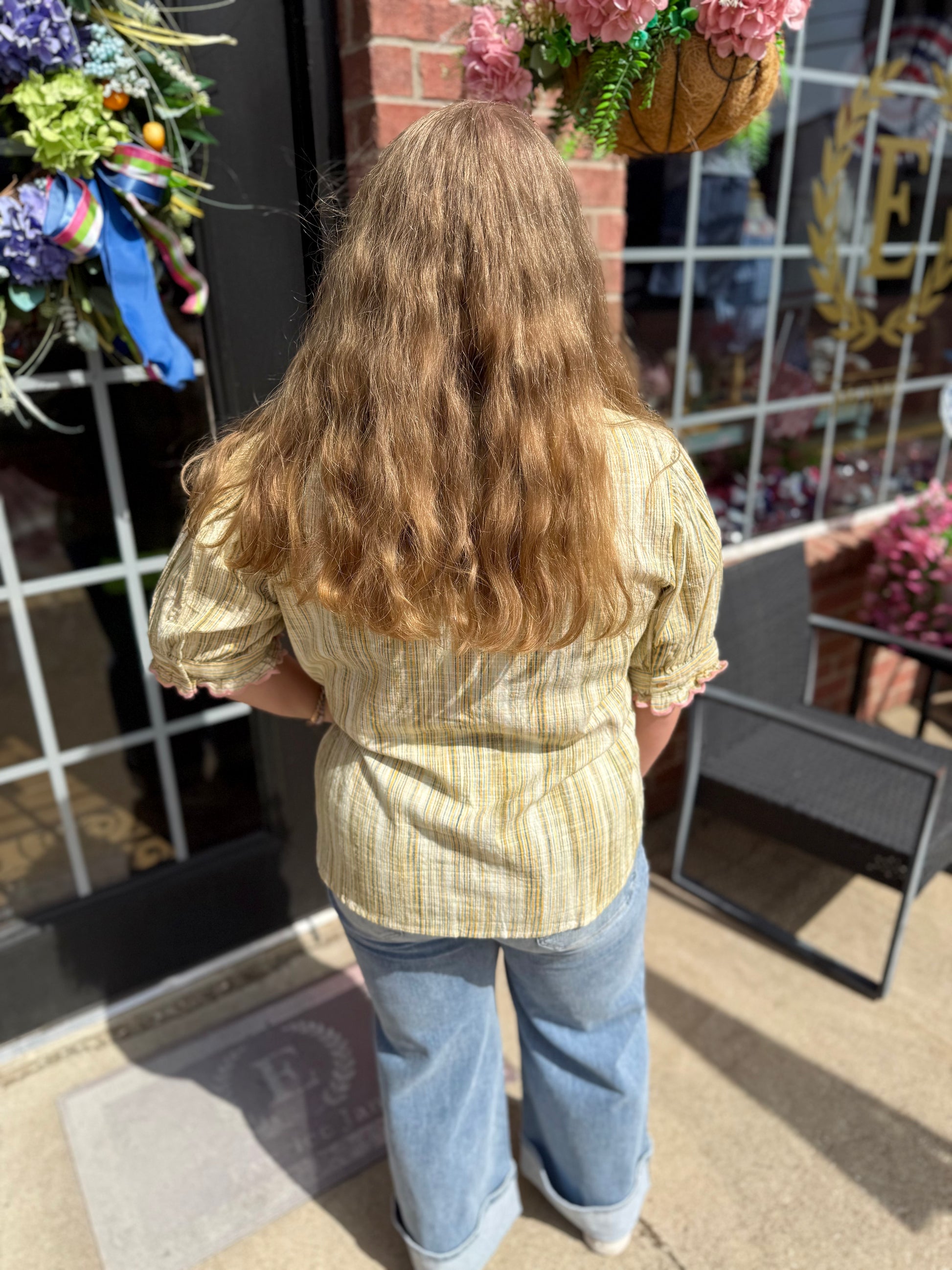Ribbon Embroidered Blouse in yellow plaid, available in sizes XS-XL. Features ribbon embroidery detail.