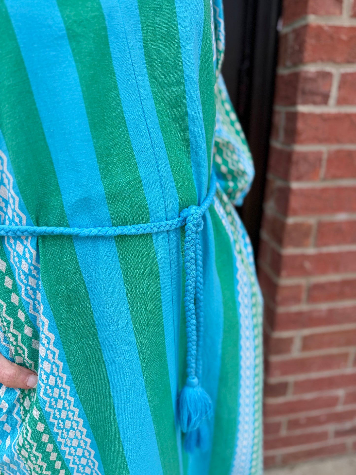 Patio Dress with blue and green stripes, braided blue rope belt. Available in sizes XS-XL.