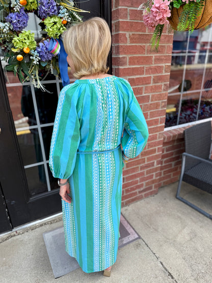 Blue and green striped cotton Patio Dress with belt and puffy sleeves. Available in sizes XS–XL.