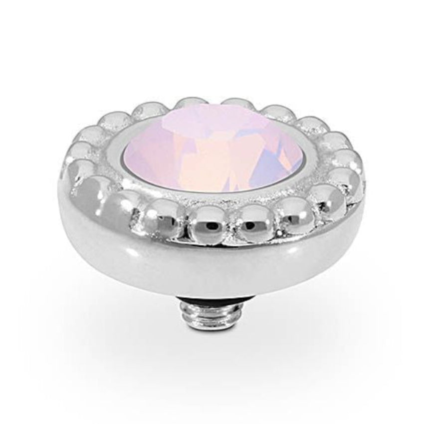 Round silver 11 mm screw-on top with faceted pale pink gemstone, silver beads, and sparkling European crystals.