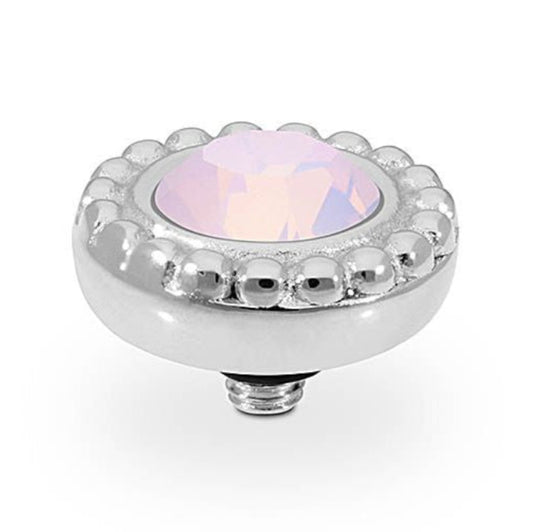 Round silver 11 mm screw-on top with faceted pale pink gemstone, silver beads, and sparkling European crystals.