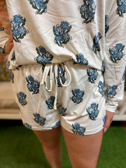 Annie Fable Floral Blue Ivory Short Set in ButterSoft fabric with a blue floral pattern; available in sizes XS-XL.