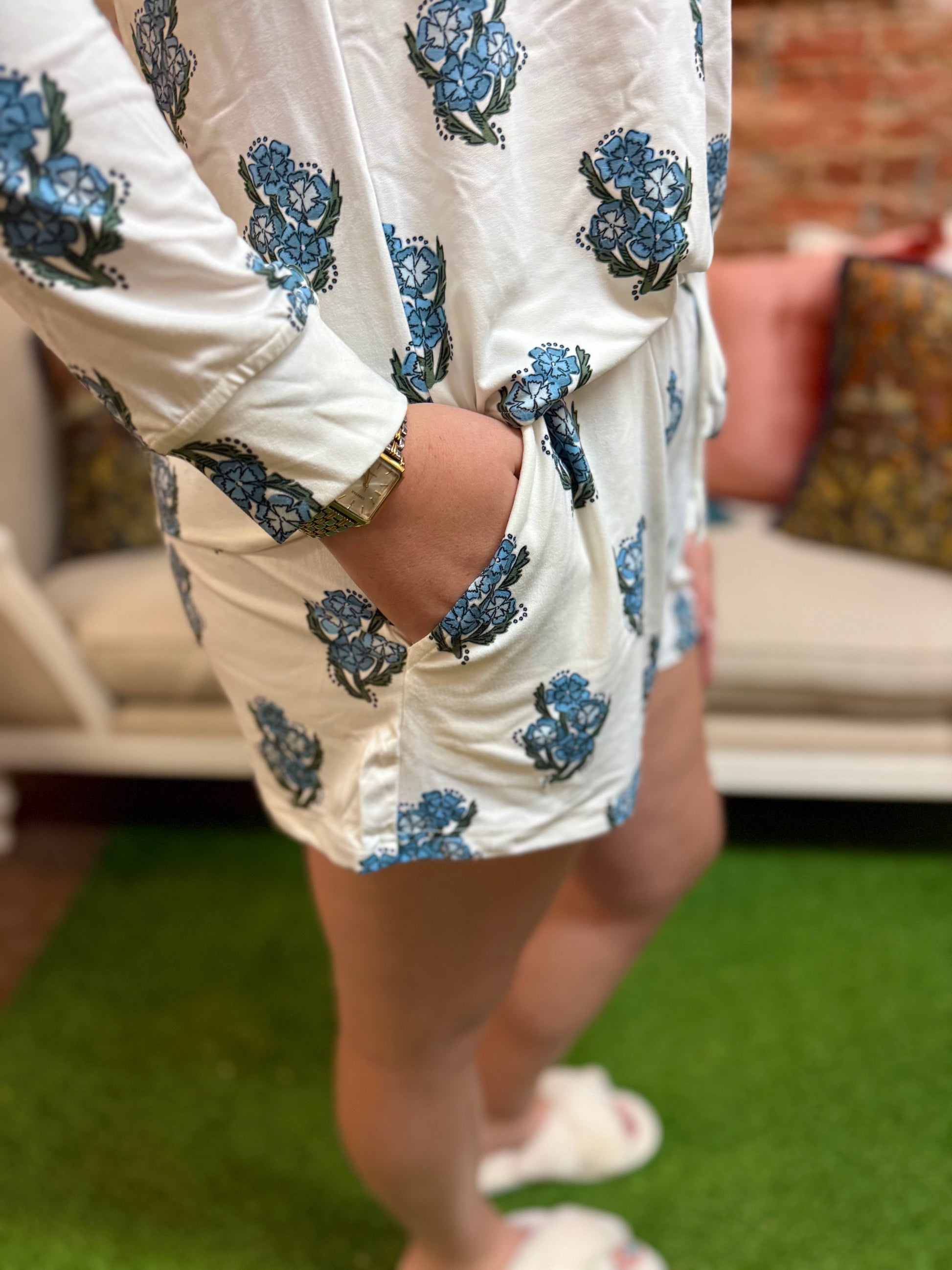 Annie Fable Floral Blue Ivory Short Set, available in sizes XS-XL.