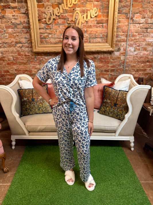 Charlotte Ivy Script Navy Pants Set in LuxBlend fabric. Available in sizes XS–XL.
