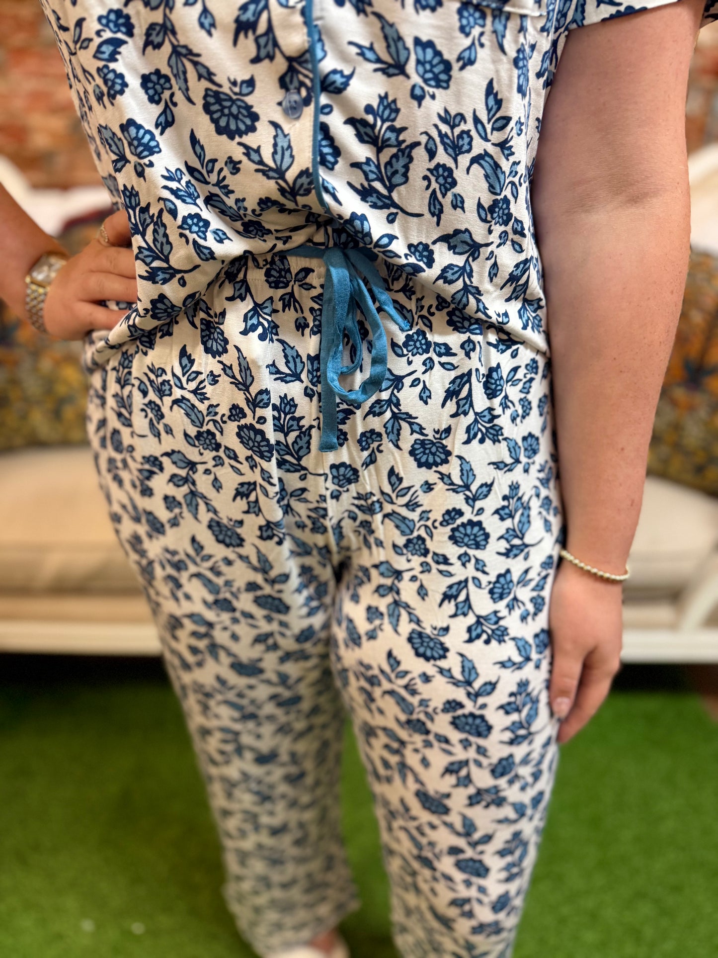 Charlotte Ivy Script Navy Pants Set in soft LuxBlend fabric. Available in sizes XS–XL.