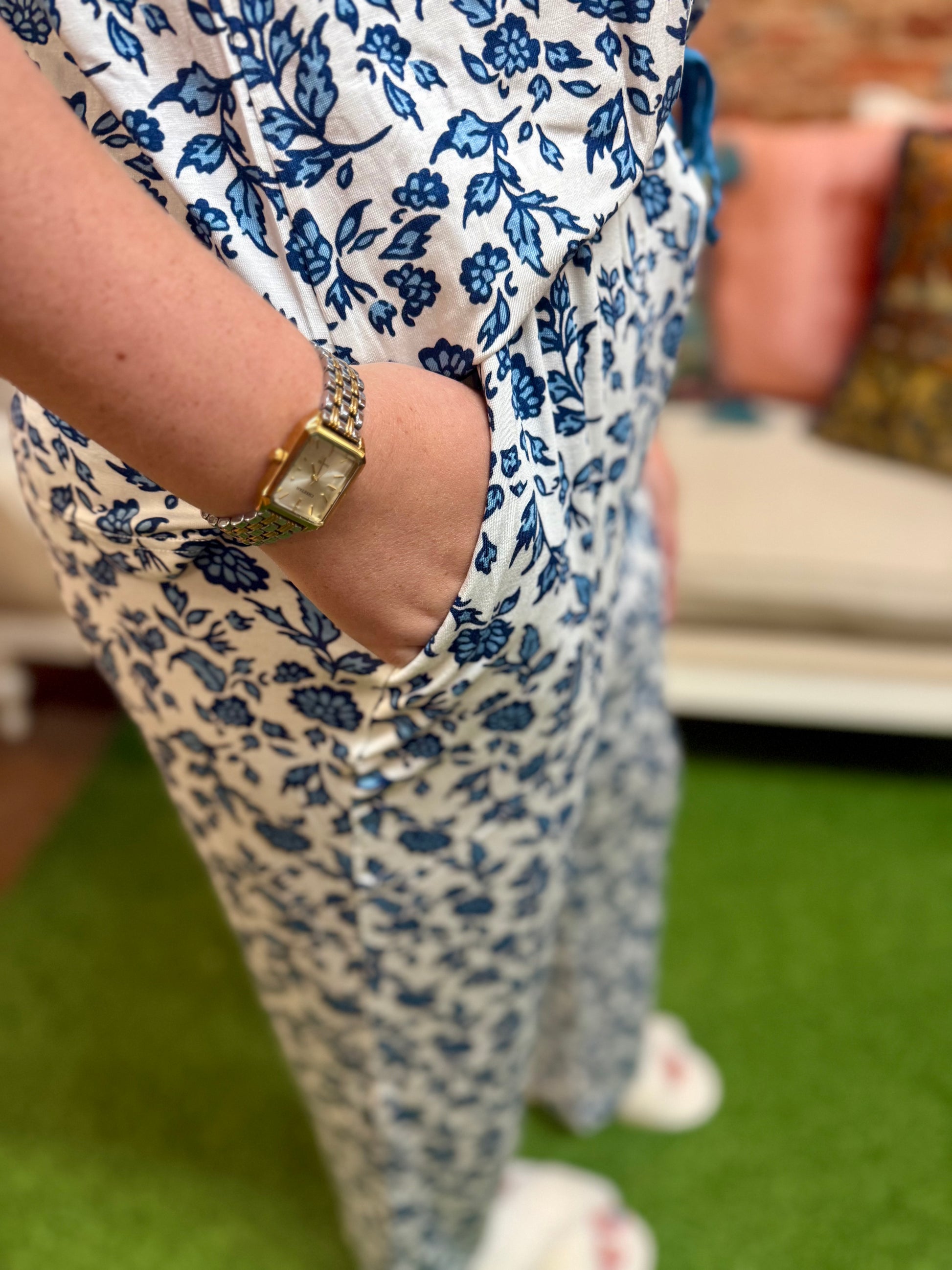 Charlotte Ivy Script Navy Pants Set in soft LuxBlend fabric, white and blue floral pattern. Available in sizes XS-XL.