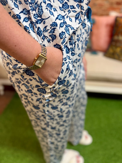 Charlotte Ivy Script Navy Pants Set in soft LuxBlend fabric, white and blue floral pattern. Available in sizes XS-XL.