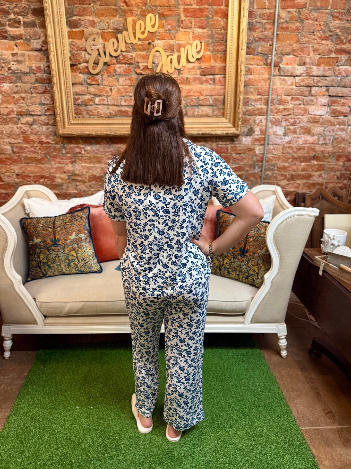 Charlotte Ivy Script Navy Pants Set, available in sizes XS-XL.