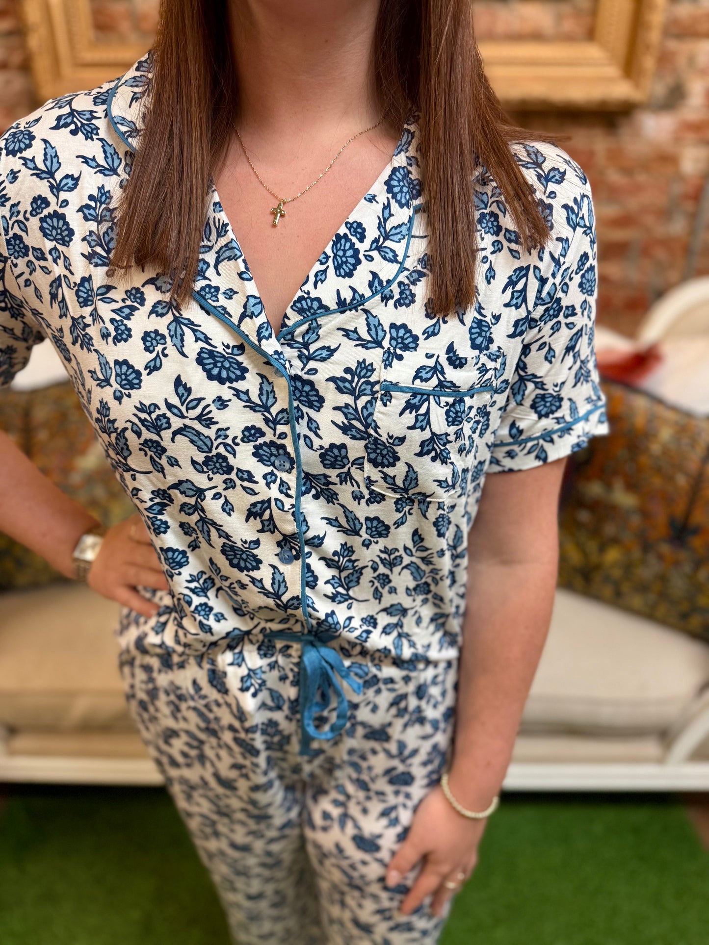 Charlotte Ivy Script Navy Pants Set with blue and white floral design in ultra-soft LuxBlend fabric; available in sizes XS-XL.