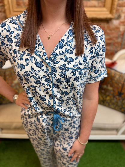 Charlotte Ivy Script Navy Pants Set with blue and white floral design in ultra-soft LuxBlend fabric; available in sizes XS-XL.