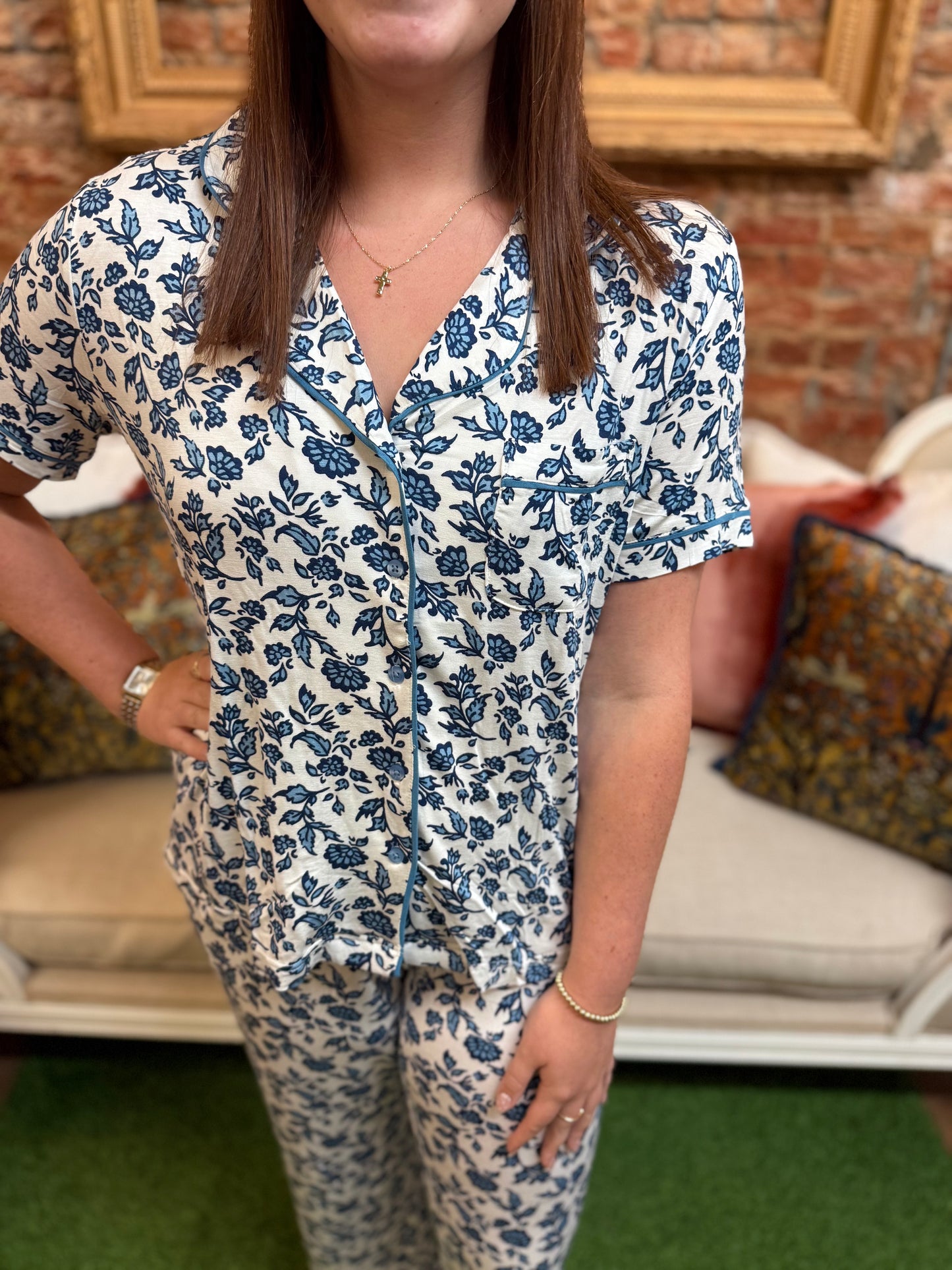 Charlotte Ivy Script Navy Pants Set: white LuxBlend pajama set with blue floral patterns, available in sizes XS–XL.
