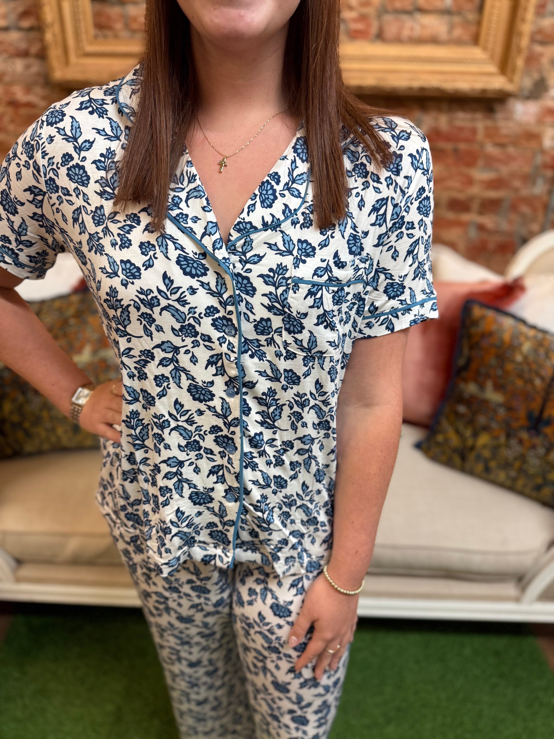 Charlotte Ivy Script Navy Pants Set: white LuxBlend pajama set with blue floral patterns, available in sizes XS–XL.