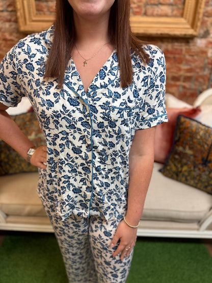 Charlotte Ivy Script Navy Pants Set: white LuxBlend pajama set with blue floral patterns, available in sizes XS–XL.