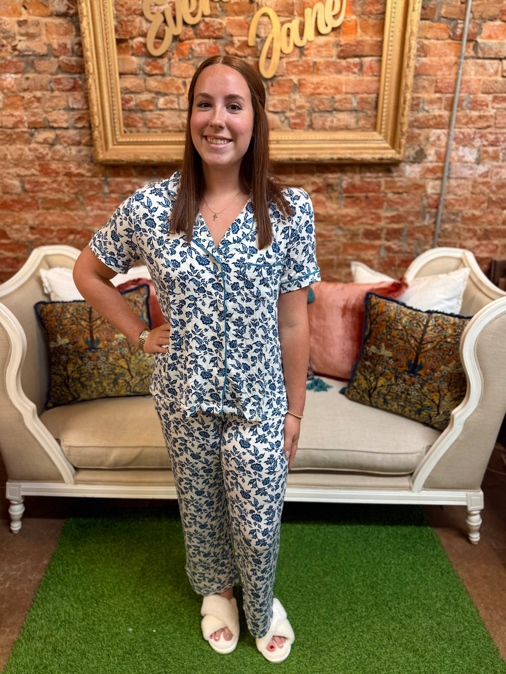 Charlotte Ivy Script Navy Pants Set in blue-and-white floral LuxBlend fabric, women’s loungewear; available in sizes XS–XL.
