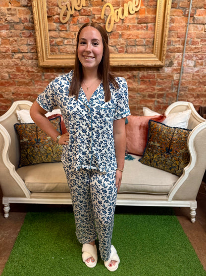 Charlotte Ivy Script Navy Pants Set in blue-and-white floral LuxBlend fabric, women’s loungewear; available in sizes XS–XL.