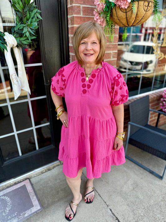 Melissa Peony Embroidered Tiered Dress with floral sleeves, available in sizes XS-XL.
