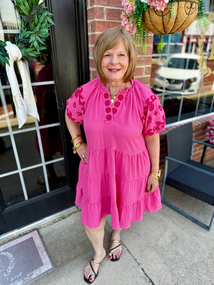 Melissa Peony Embroidered Tiered Dress with floral sleeves, available in sizes XS-XL.