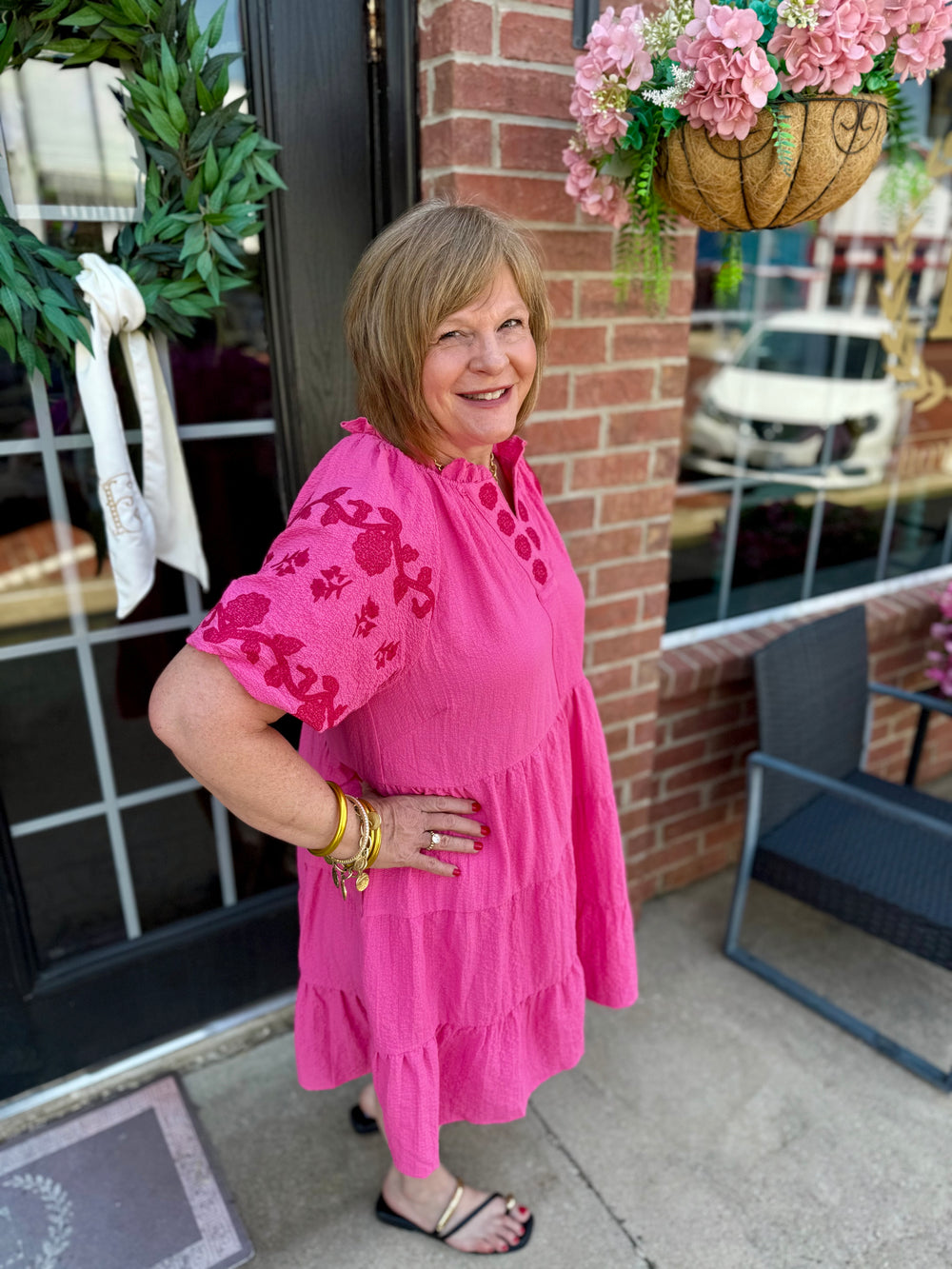 Melissa Peony Embroidered Tiered Dress featuring floral embroidery and tiered layers. Available in sizes XS–XL.