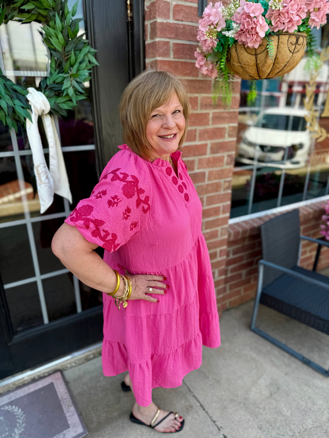 Melissa Peony Embroidered Tiered Dress featuring floral embroidery and tiered layers. Available in sizes XS–XL.