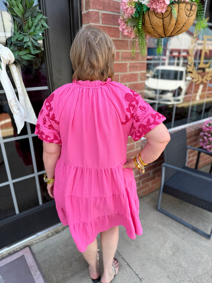 Melissa Peony Embroidered Tiered Dress in bright pink, available in sizes XS-XL.